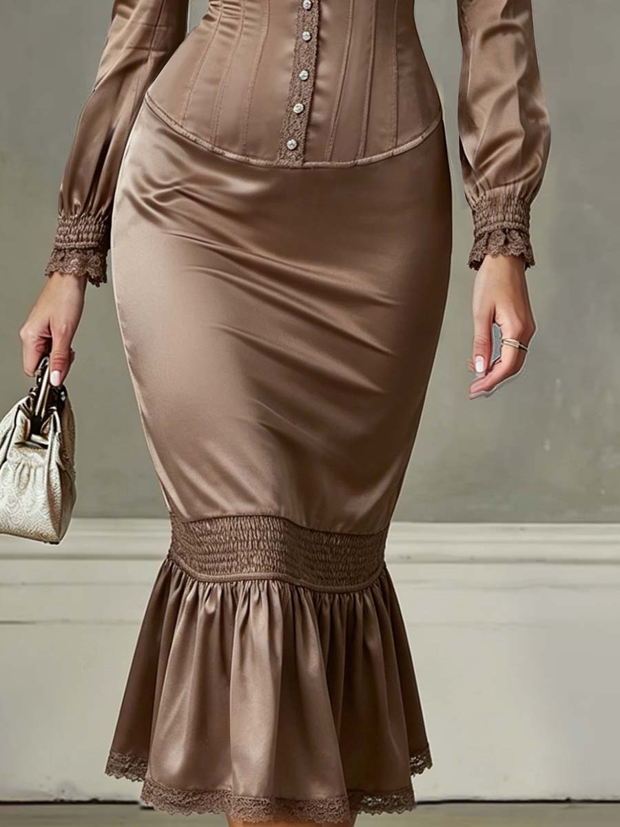 Duttini | Vintage Ruffled Hem Lace-Trimmed Polyester Dress