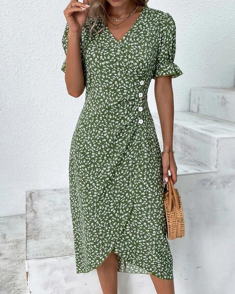 Duttini | Feminine Fresh Bloom V-Neck Dress with Graceful Drape