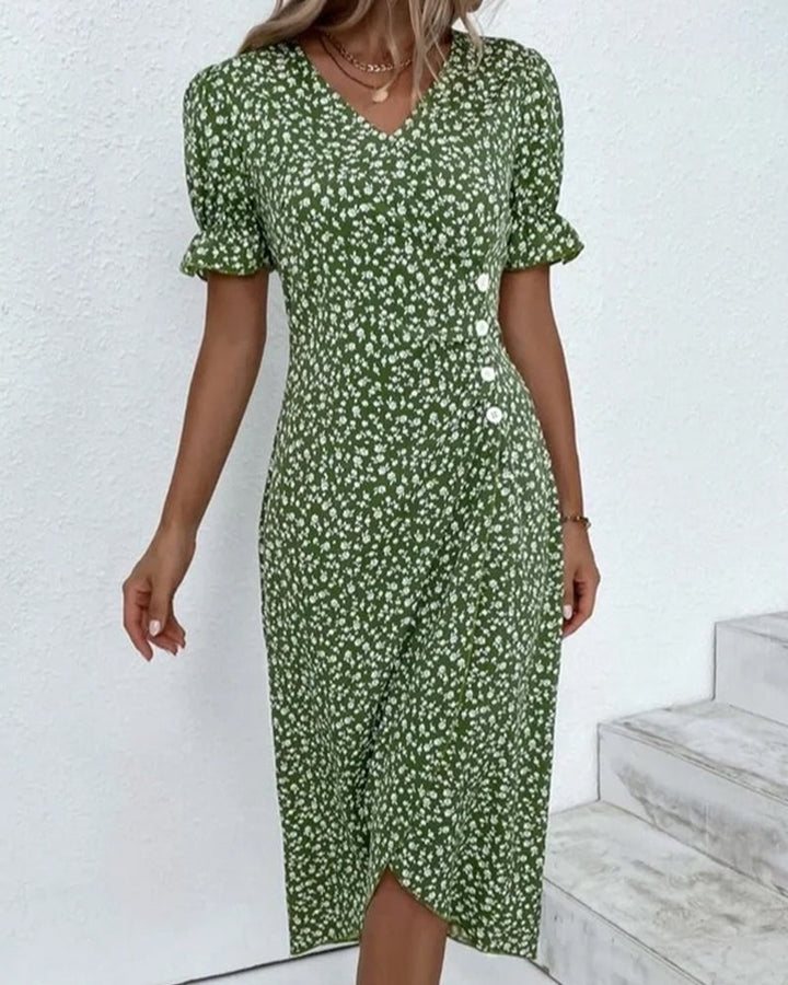 Duttini | Feminine Fresh Bloom V-Neck Dress with Graceful Drape