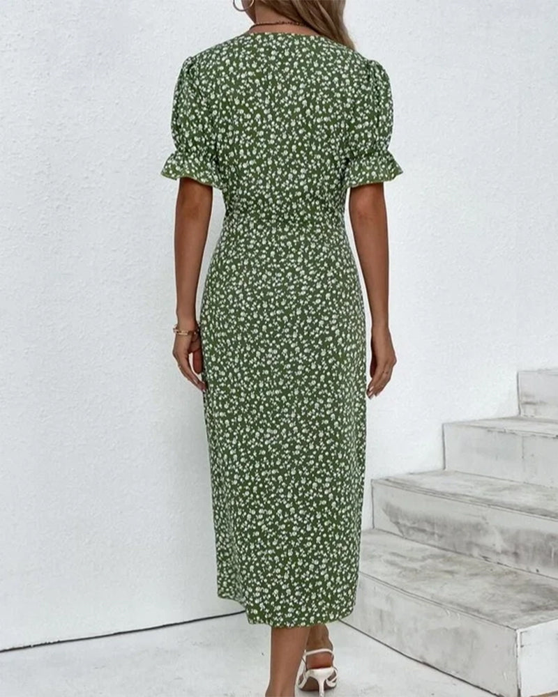 Duttini | Feminine Fresh Bloom V-Neck Dress with Graceful Drape