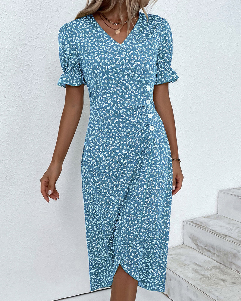 Duttini | Feminine Fresh Bloom V-Neck Dress with Graceful Drape