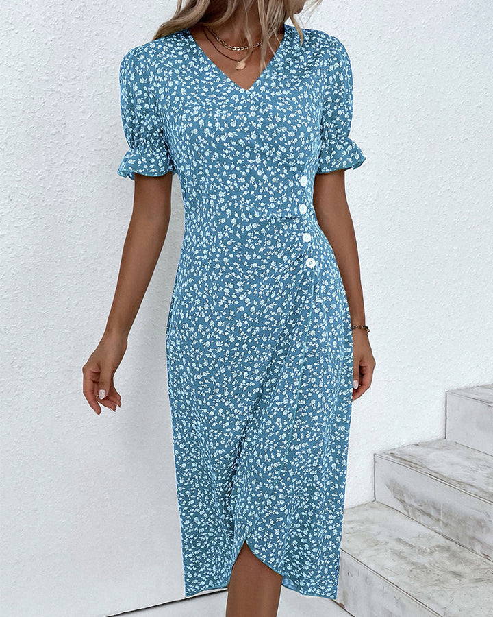 Duttini | Feminine Fresh Bloom V-Neck Dress with Graceful Drape