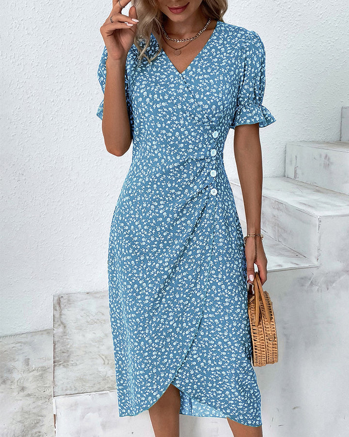 Duttini | Feminine Fresh Bloom V-Neck Dress with Graceful Drape