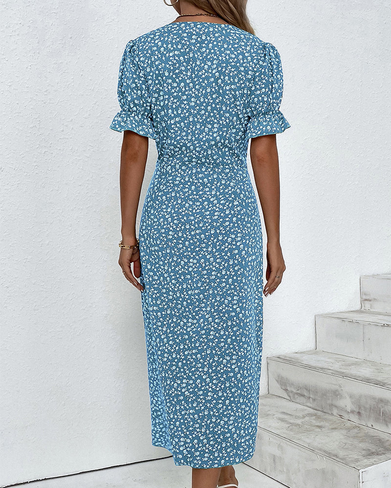 Duttini | Feminine Fresh Bloom V-Neck Dress with Graceful Drape