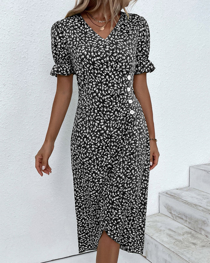 Duttini | Feminine Fresh Bloom V-Neck Dress with Graceful Drape