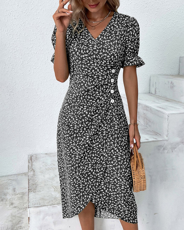 Duttini | Feminine Fresh Bloom V-Neck Dress with Graceful Drape