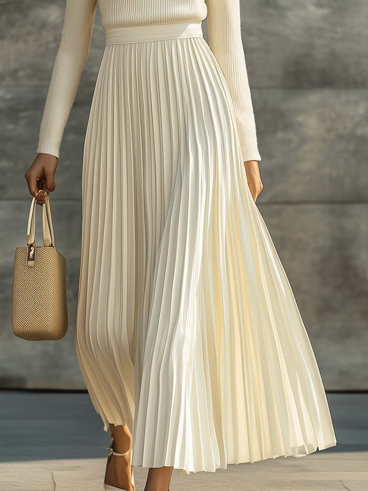 Duttini | Cream Satin Pleated Casual Dress