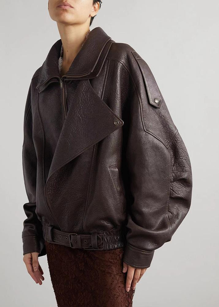 Duttini | Women's Belted Oversized Leather Bomber Jacket