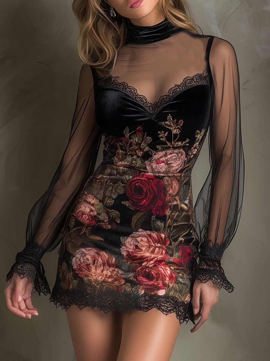 Duttini | Velvet Rose Print Sheer Patchwork Dress