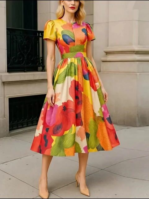 Duttini | Red Satin A-Line Pleated Puff Dress