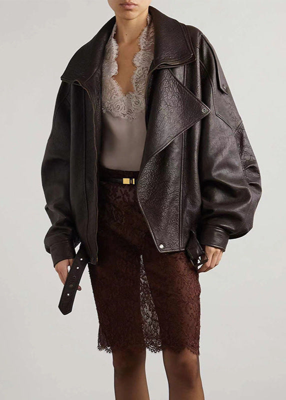 Duttini | Women's Belted Oversized Leather Bomber Jacket
