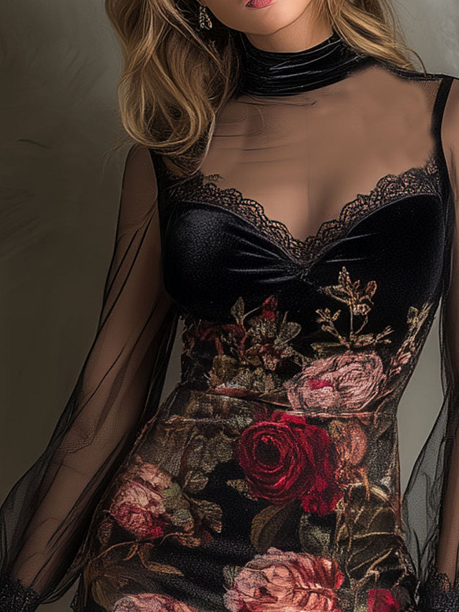 Duttini | Velvet Rose Print Sheer Patchwork Dress