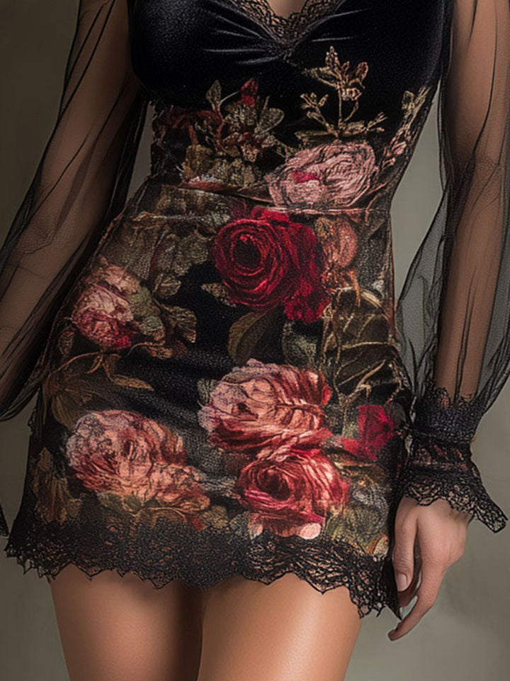 Duttini | Velvet Rose Print Sheer Patchwork Dress
