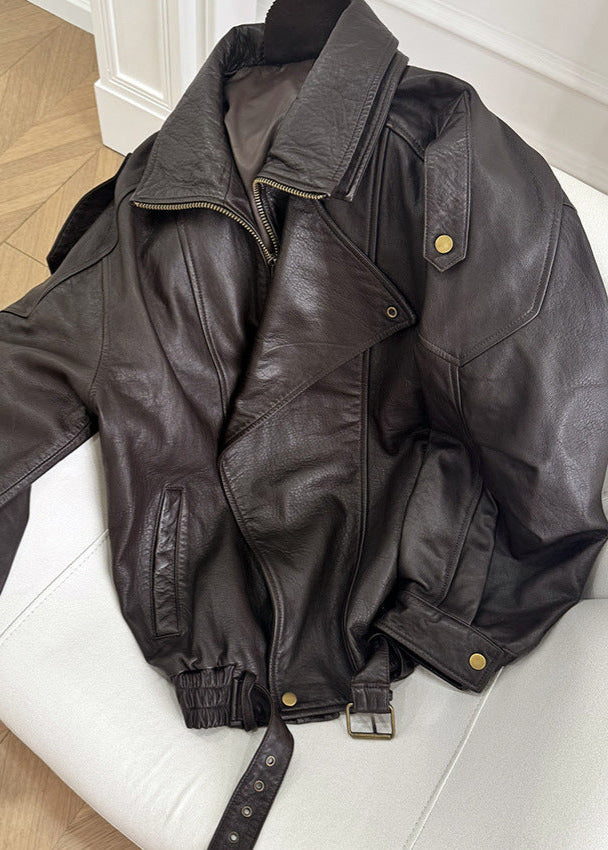 Duttini | Women's Belted Oversized Leather Bomber Jacket