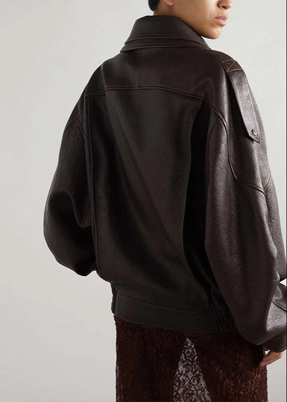 Duttini | Women's Belted Oversized Leather Bomber Jacket