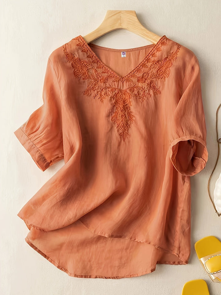 Duttini | Elegant Embroidered V-Neck Relaxed Fit Tunic Blouse