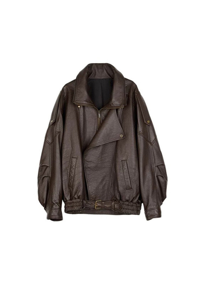 Duttini | Women's Belted Oversized Leather Bomber Jacket