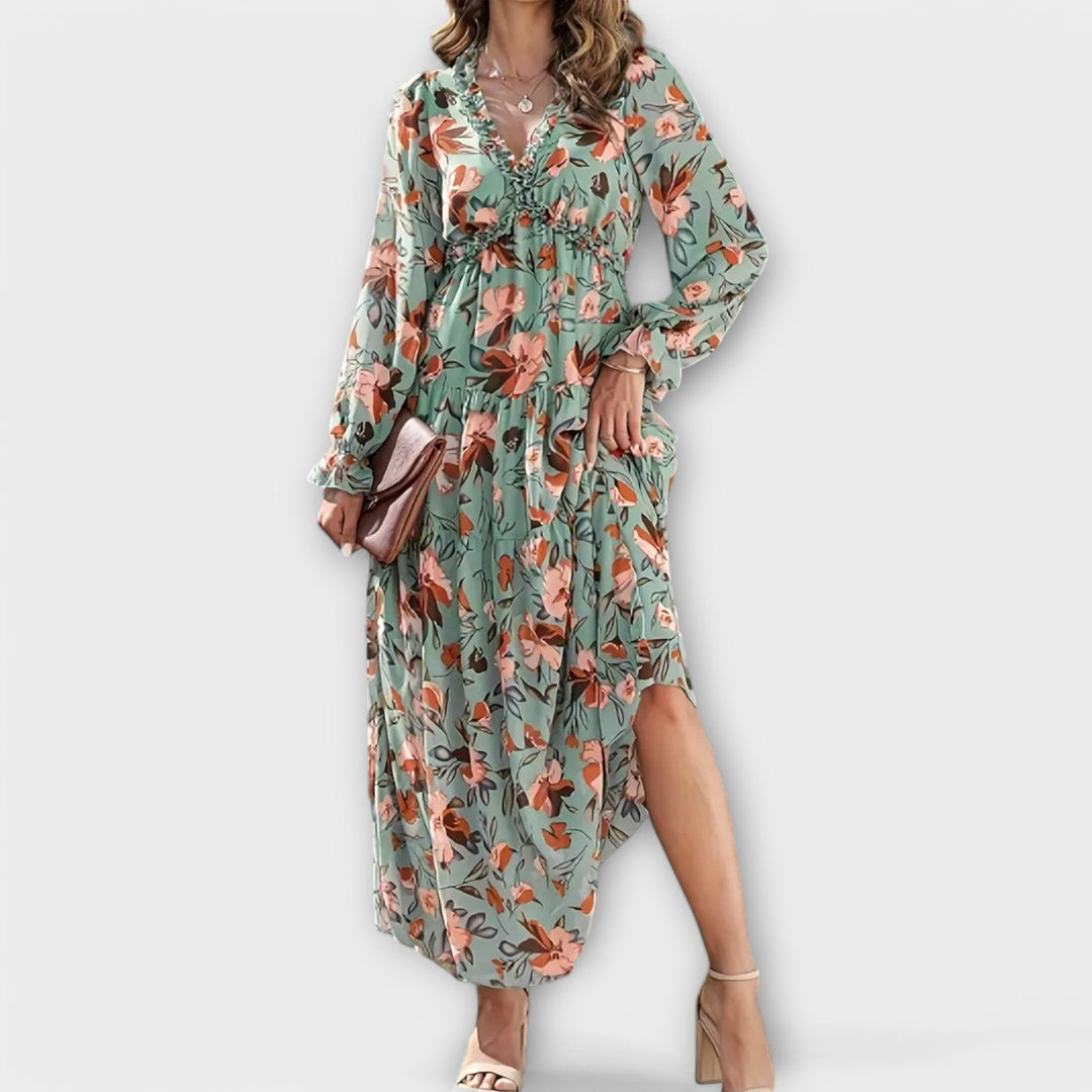 Duttini | Sculpted Floral V-Neck Maxi Dress in a Flattering Cut