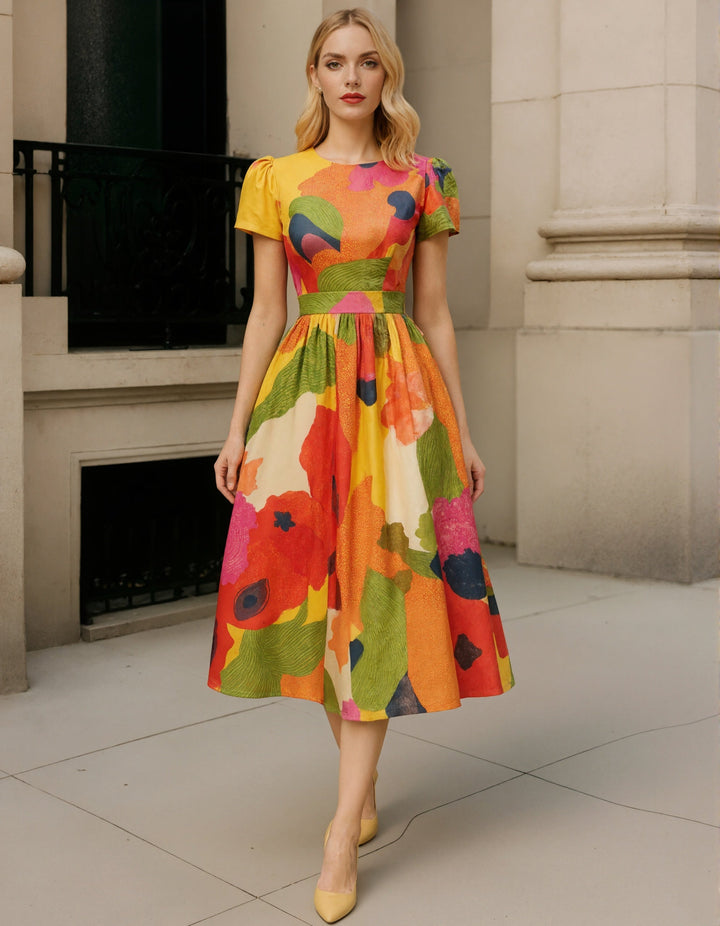 Duttini | Red Satin A-Line Pleated Puff Dress
