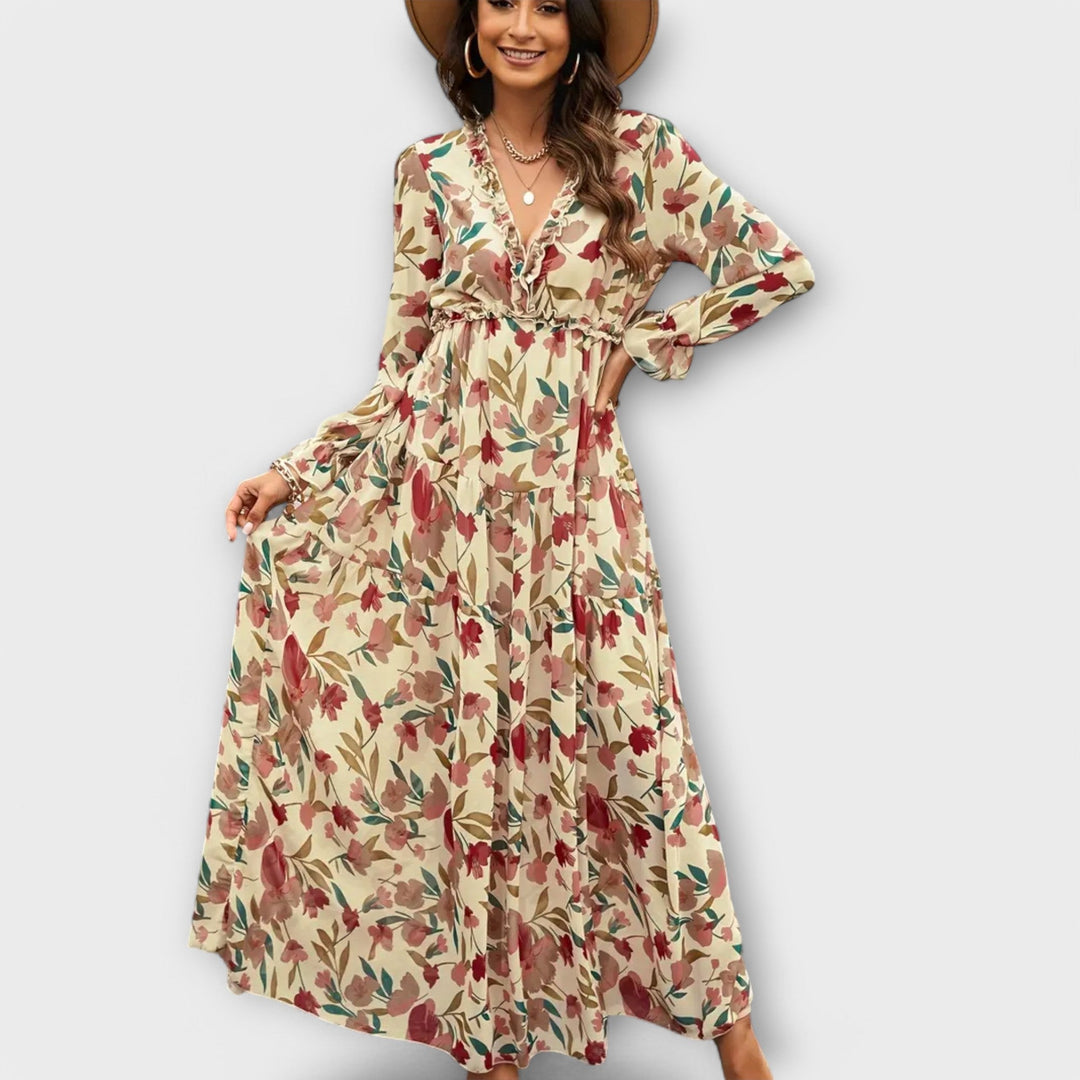 Duttini | Sculpted Floral V-Neck Maxi Dress in a Flattering Cut