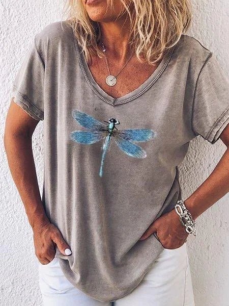 Duttini | Premium Dragonfly Print V-Neck Short Sleeve Casual Tee