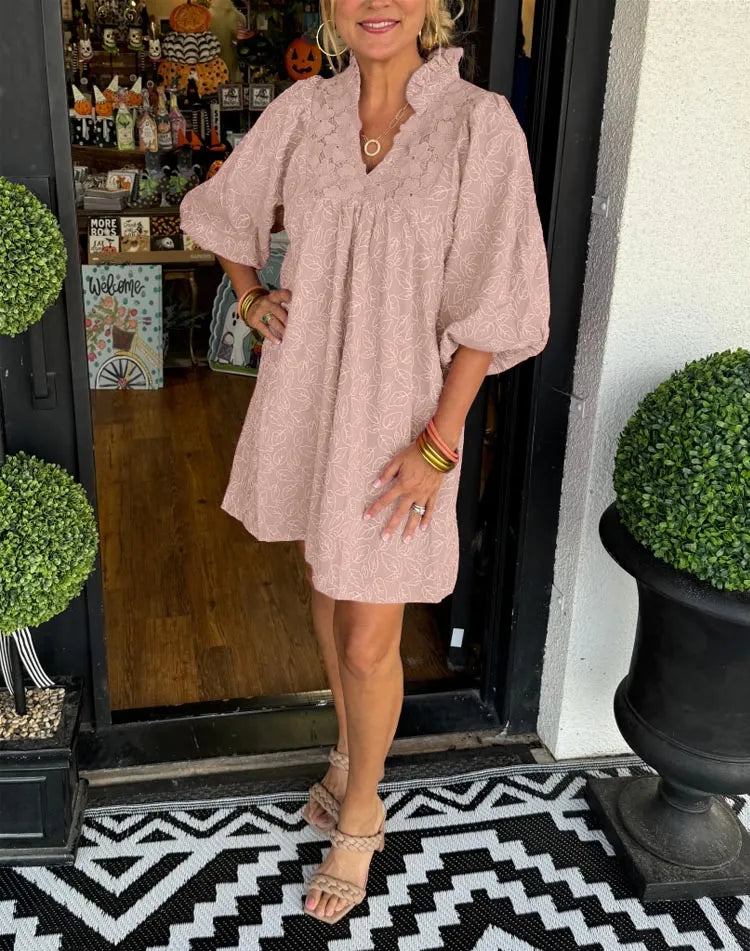 Duttini | Elegant Puff Sleeve Mini Dress V-Neck Smock Babydoll