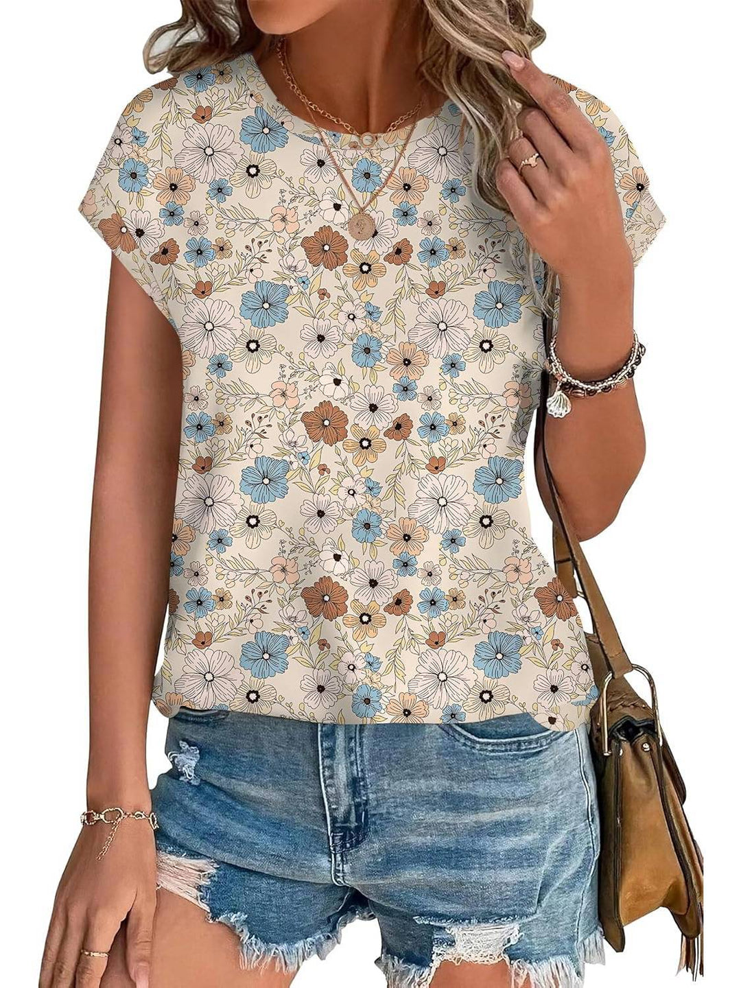 Duttini | Statement Leaf Print Crew Neck Cap Sleeve Casual Top