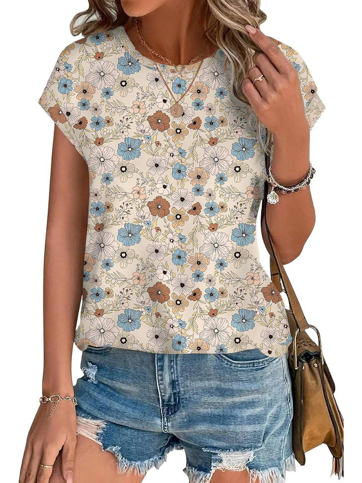 Duttini | Statement Leaf Print Crew Neck Cap Sleeve Casual Top