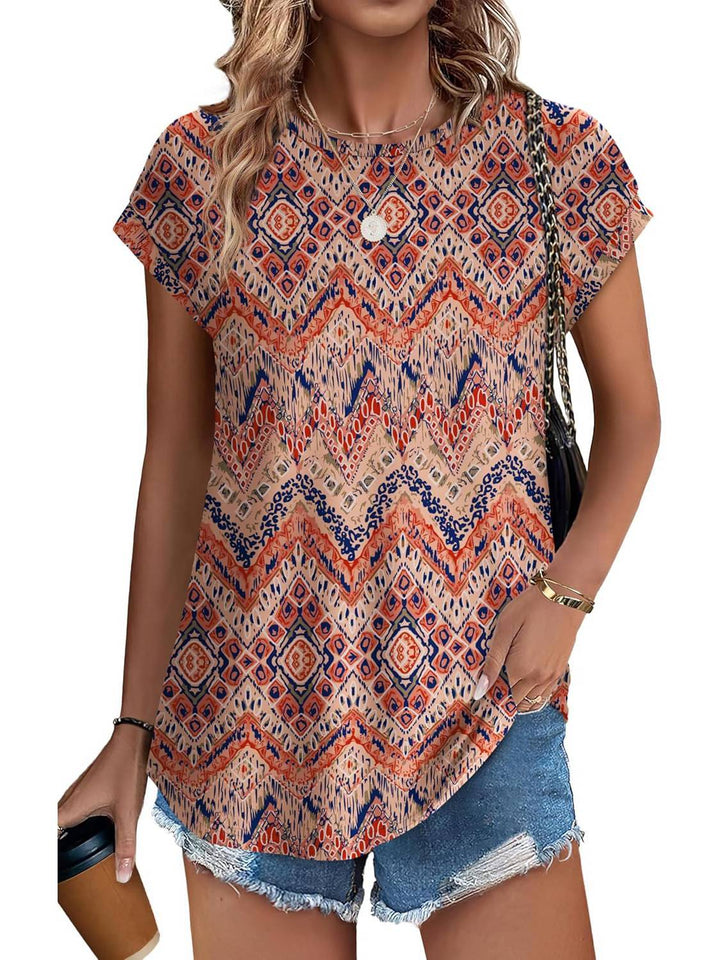Duttini | Statement Leaf Print Crew Neck Cap Sleeve Casual Top
