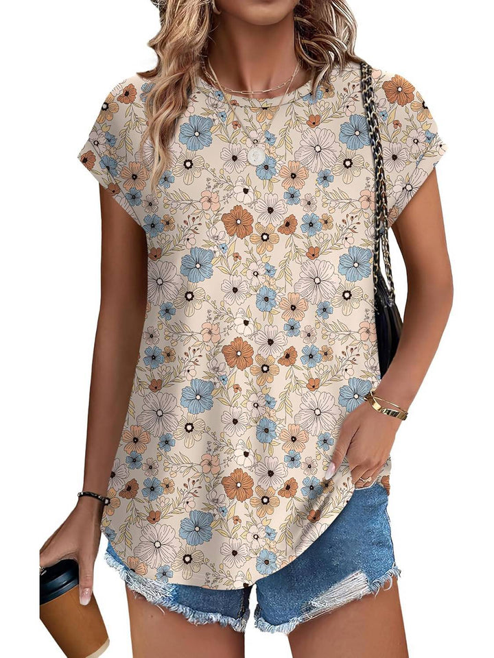 Duttini | Statement Leaf Print Crew Neck Cap Sleeve Casual Top