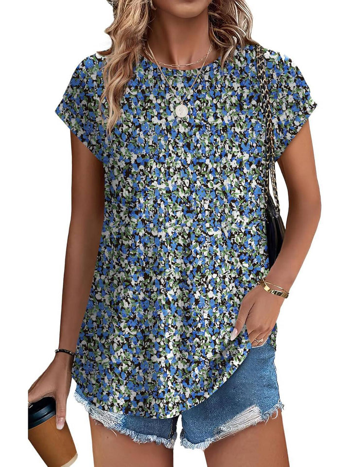 Duttini | Statement Leaf Print Crew Neck Cap Sleeve Casual Top