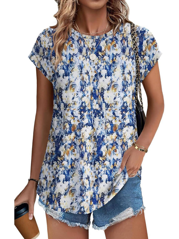 Duttini | Statement Leaf Print Crew Neck Cap Sleeve Casual Top
