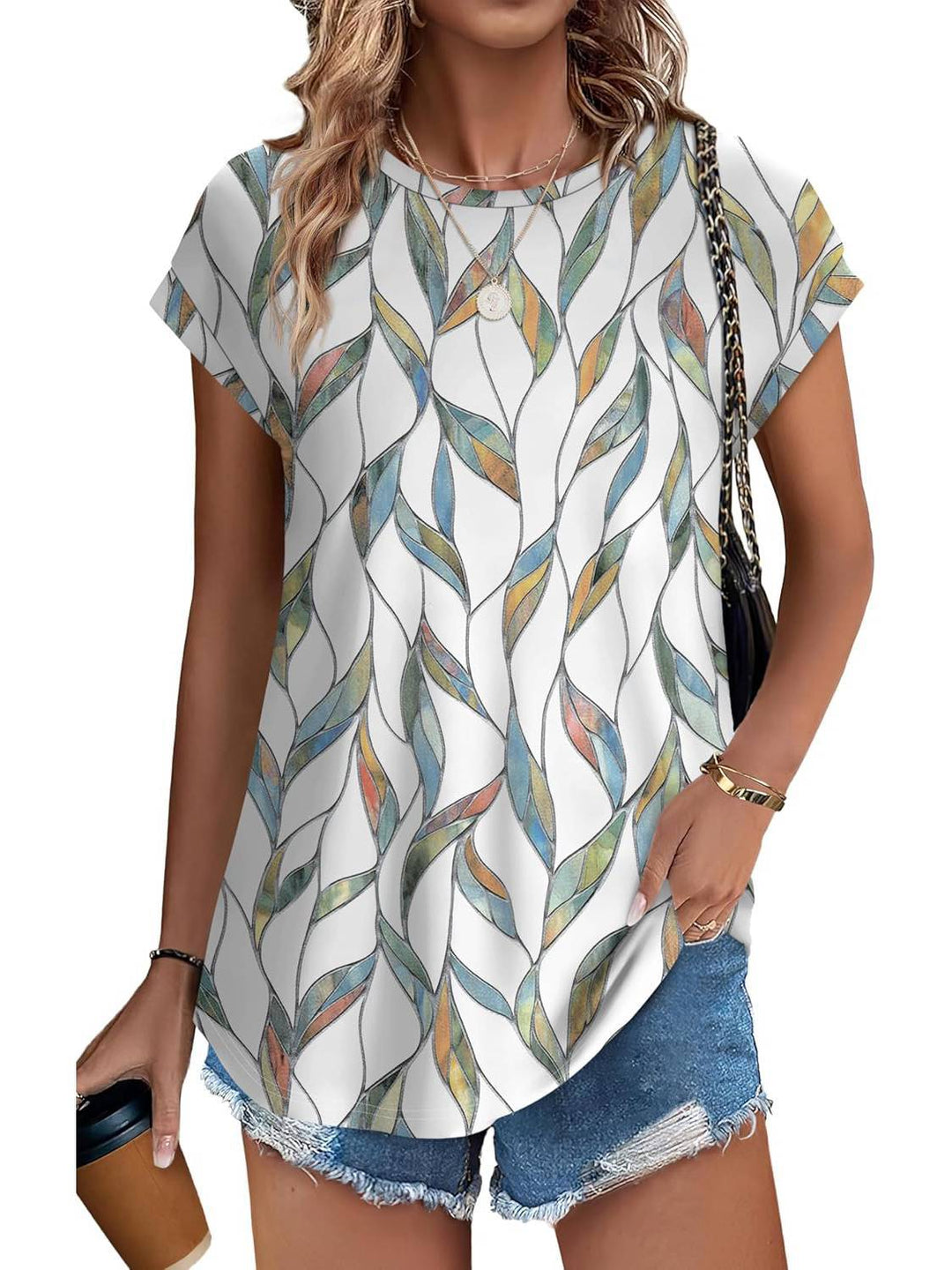 Duttini | Statement Leaf Print Crew Neck Cap Sleeve Casual Top