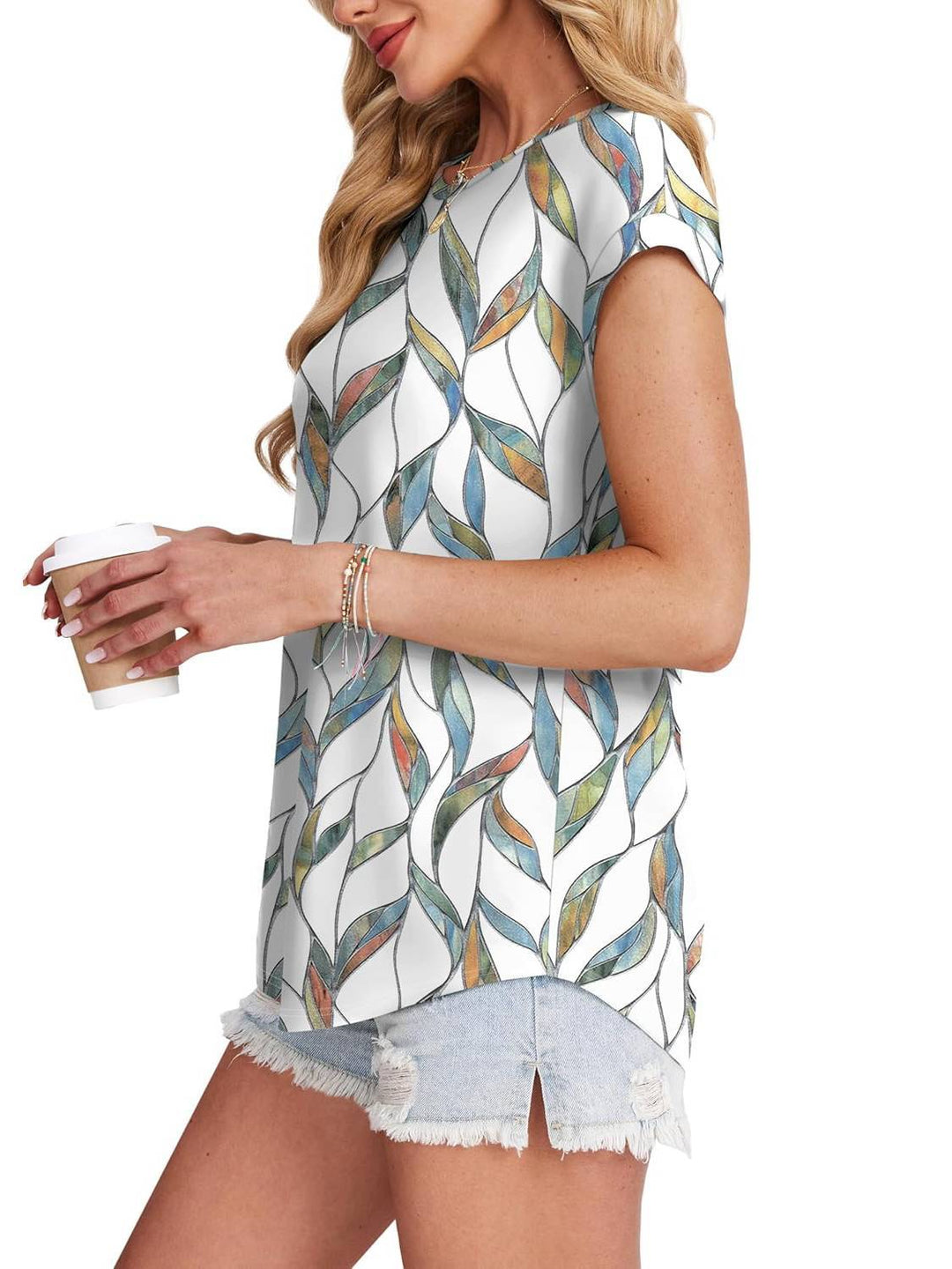 Duttini | Statement Leaf Print Crew Neck Cap Sleeve Casual Top