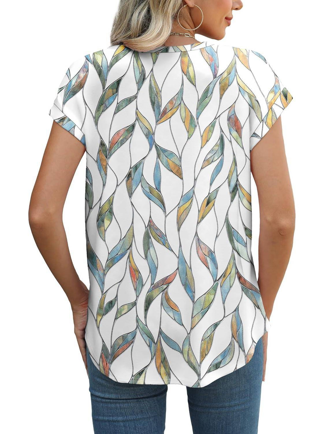 Duttini | Statement Leaf Print Crew Neck Cap Sleeve Casual Top