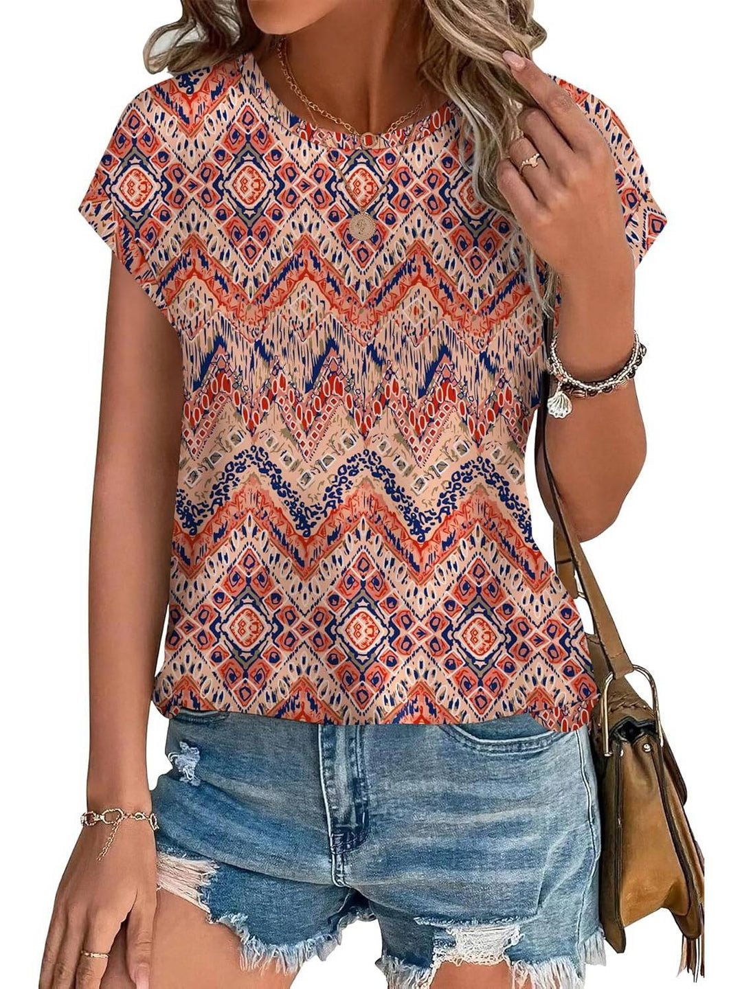 Duttini | Statement Leaf Print Crew Neck Cap Sleeve Casual Top