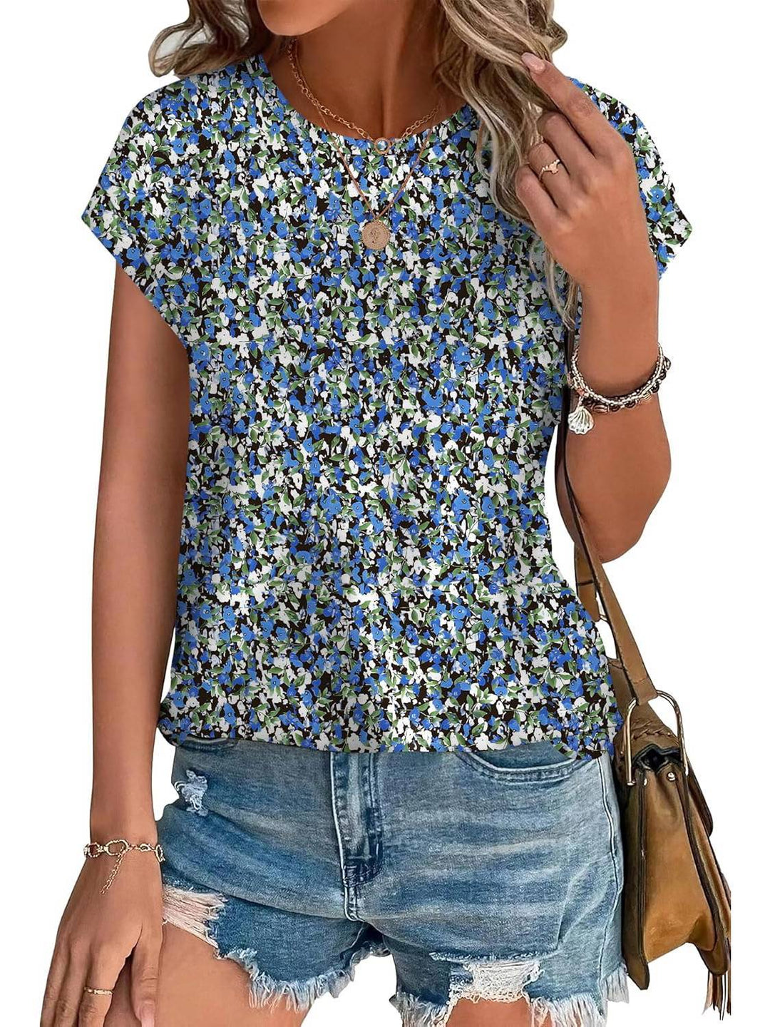 Duttini | Statement Leaf Print Crew Neck Cap Sleeve Casual Top