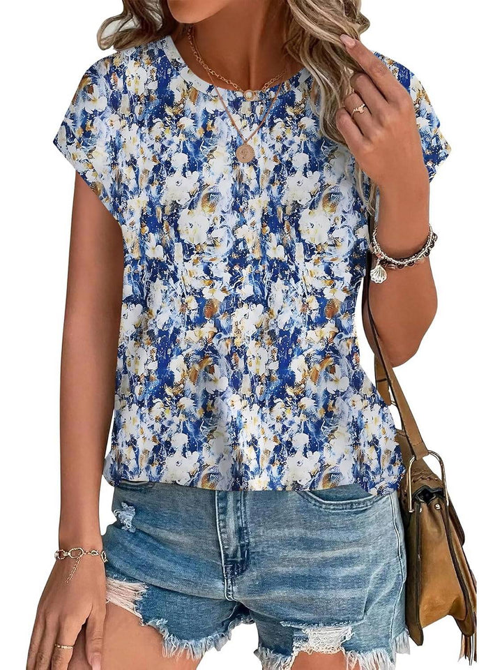 Duttini | Statement Leaf Print Crew Neck Cap Sleeve Casual Top
