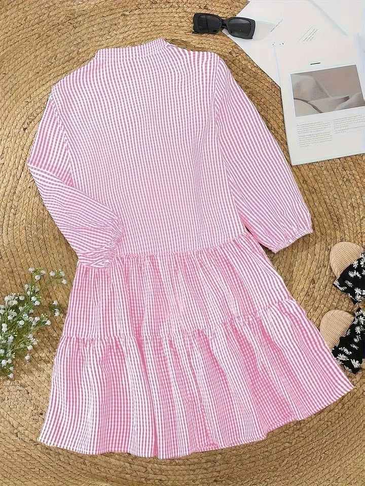Duttini | Sculpted Gingham Print Button-Down Mini Dress 3/4 Sleeve