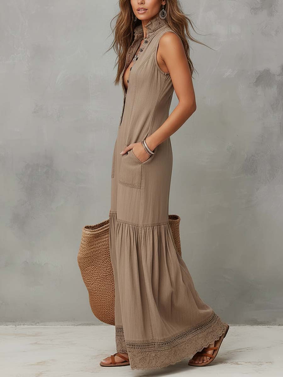 Duttini | Khaki Cotton Sleeveless Dress