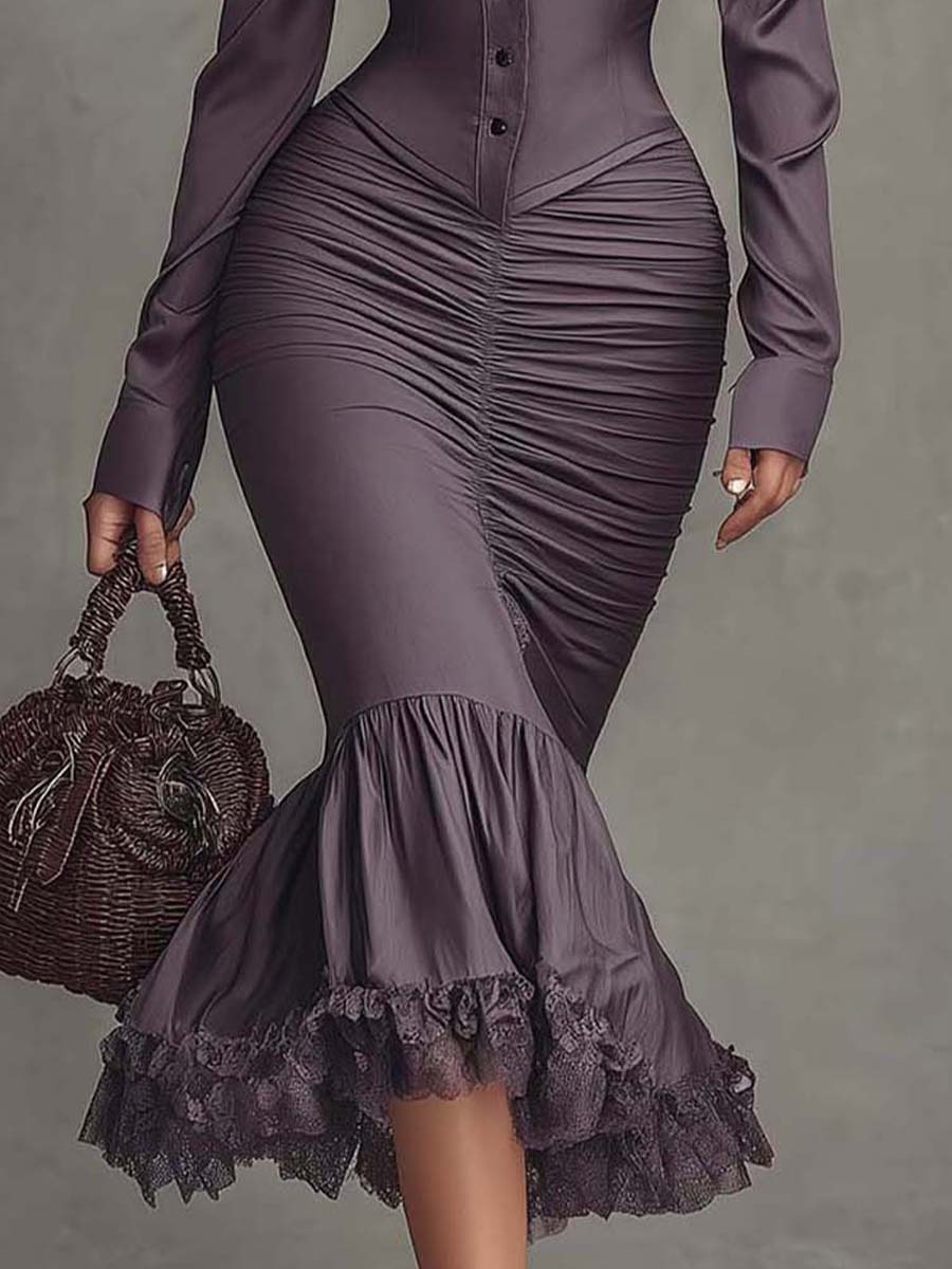 Duttini | Dusty Mauve Lace Ruched Evening Dress