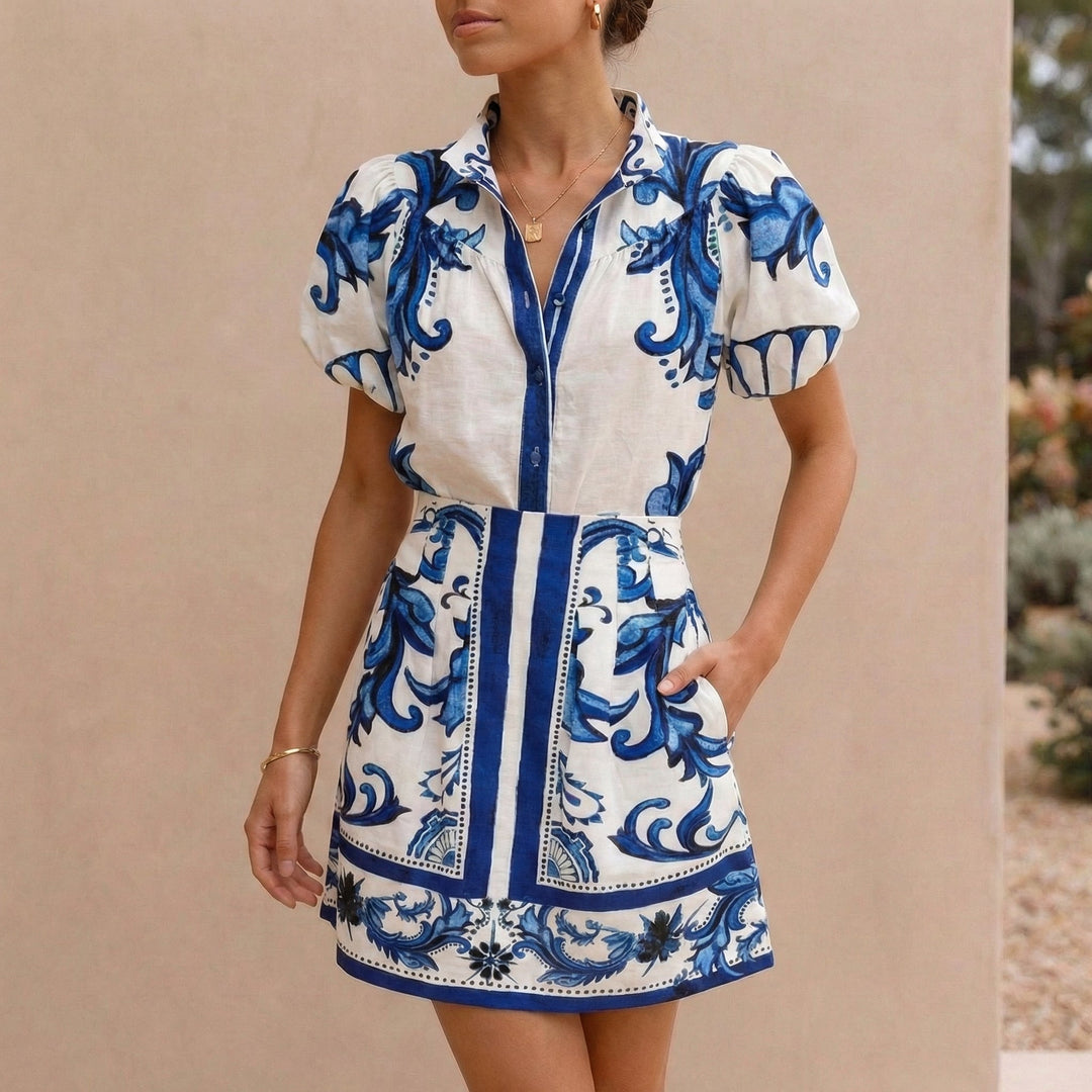 Duttini | Sculpted Puff Sleeve Button-Front Top And A-Line Mini Skirt Matching Set With Band Collar