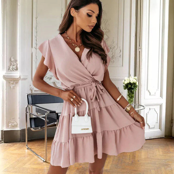 Duttini | Romantic Wrap Mini Dress Flutter Sleeve Ruffle Belted