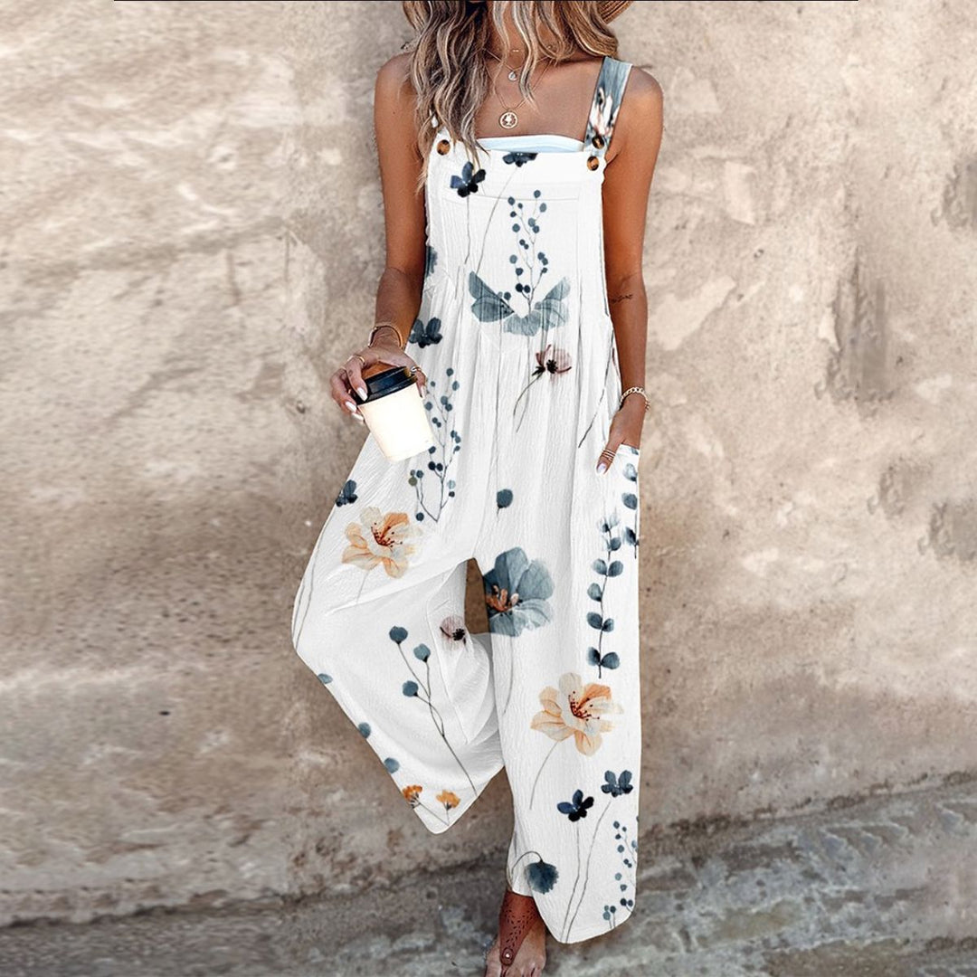 Duttini | Flowing Floral Print Overalls Wide Leg Sleeveless Jumpsuit