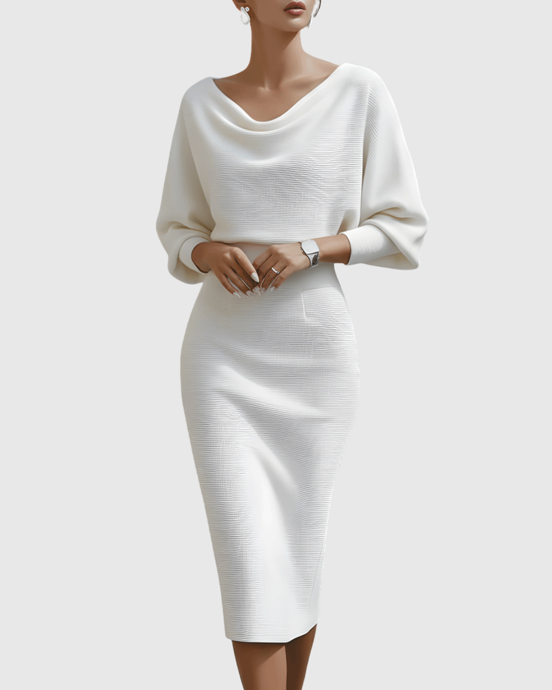 Duttini | Elegant Cowl Neck Batwing Sleeve Ribbed Midi Dress