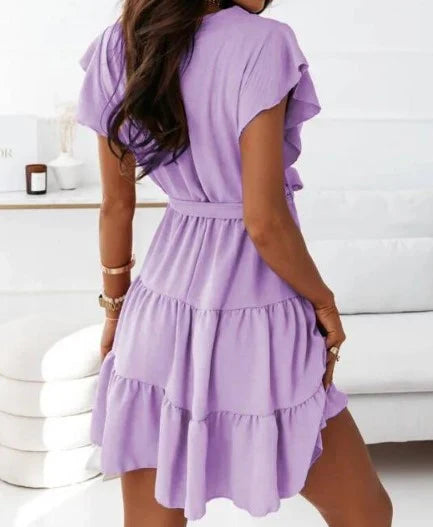 Duttini | Romantic Wrap Mini Dress Flutter Sleeve Ruffle Belted