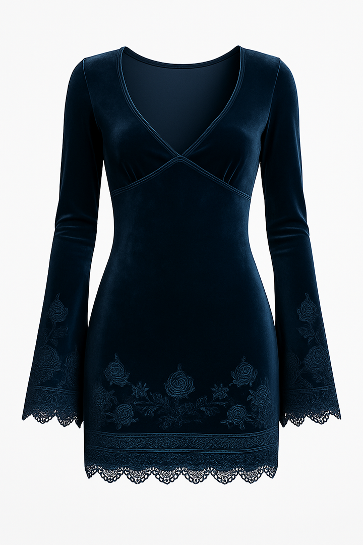 Duttini | Embroidery Bell Sleeves Velvet Dress