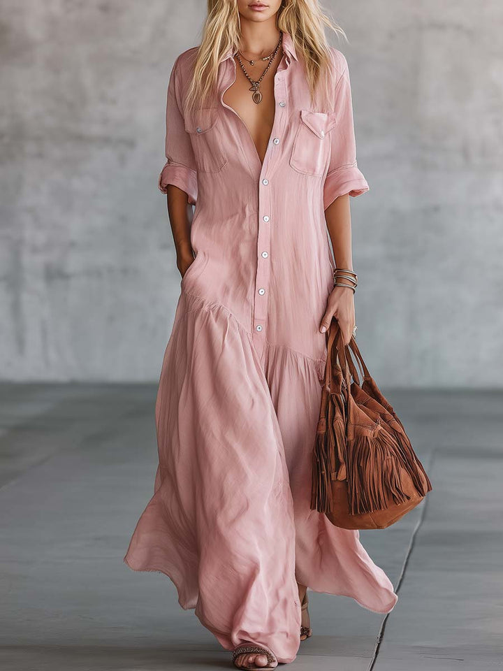 Duttini | Pink Linen V-Neck Casual Dress