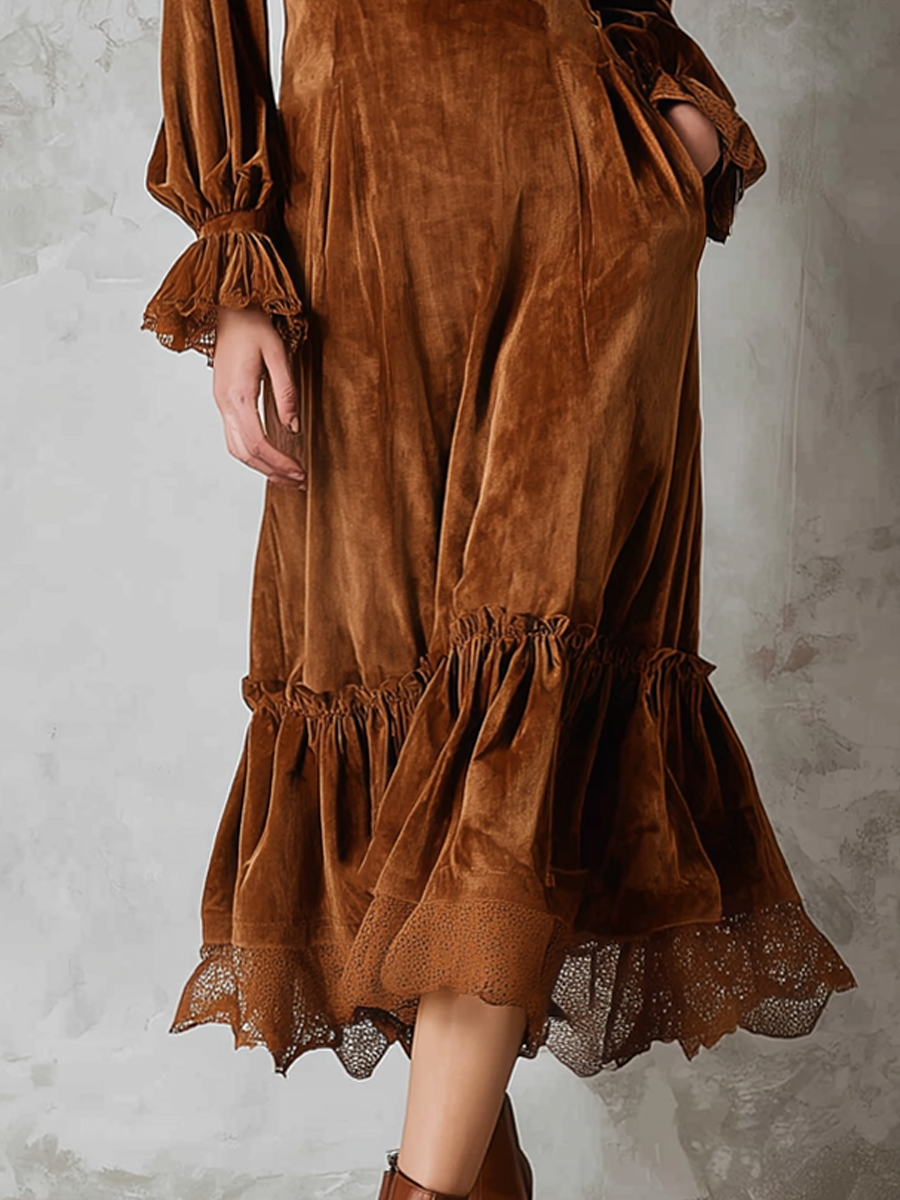 Duttini | Retro Ruffle Neck Lace Trim Dress