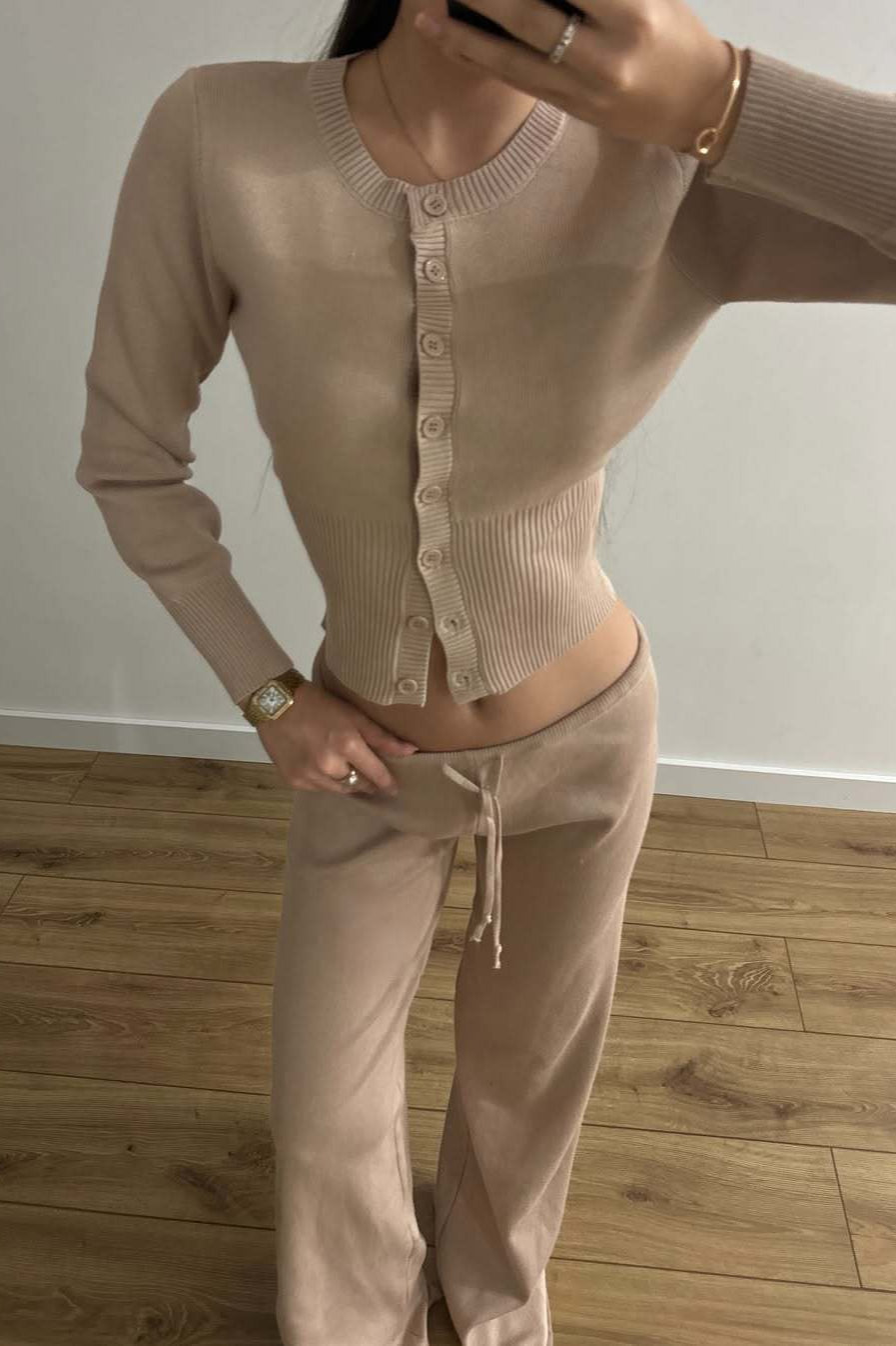 Duttini | Fitted Buttoned Long-Sleeve Low-Rise Knit Two Piece Set